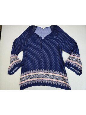 Weekend Suzanne Betro 1X Blue Boho Top Bell Sleeves Floral